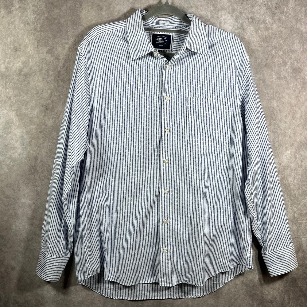 Charles Tyrwhitt Shirt Mens Large White Blue Striped Button Up Slim Fit Casual